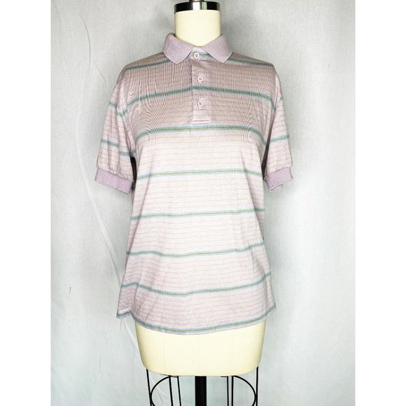 Vintage 80s Pastel Pink Striped Collar Polo Shirt - Picture 5 of 7
